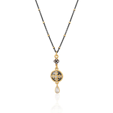 Two Tone Sparkle CZ Cross Shield, Dark Rhodium Chain Necklace