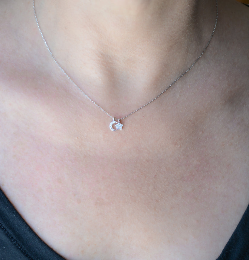 CZ Moon/Star SS Rhod Plate Necklace