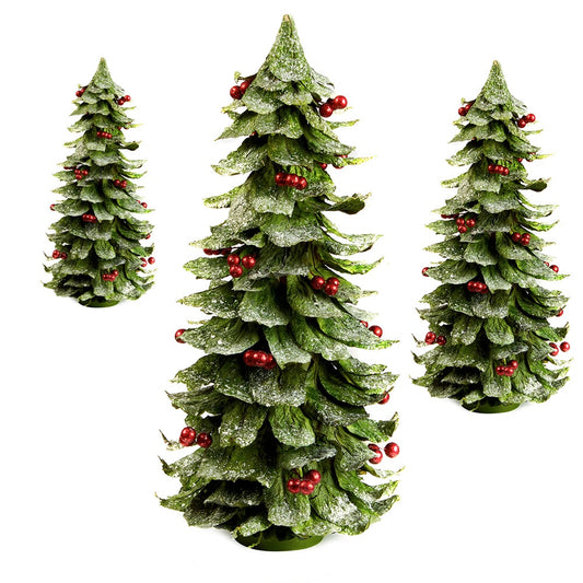 18" Jackfruit Leaf Flocked Cone Tree w/Berries (Green/Whitewash/Red)