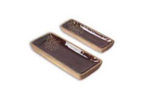 Wood Brown Enameled Gold Leaf Rectangular Tray