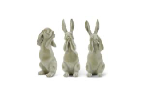 Set of 3 Green Velvet Resin Hear No See No Speak No Evil Bunnies