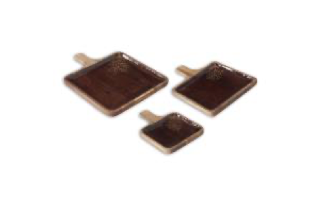 Wood Brown Enameled Gold Leaf Square Trays with Handle
