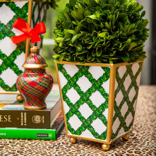 Boxwood Trellis Enameled Square 4" Cachepot Planter