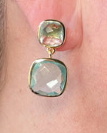 Gold cushion cut double drop blue topaz earrings