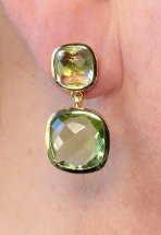 Gold cushion cut double drop green amethyst earrings