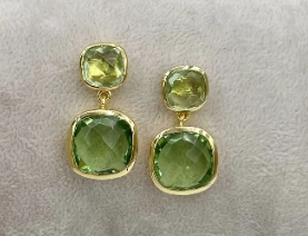 Gold cushion cut double drop green amethyst earrings