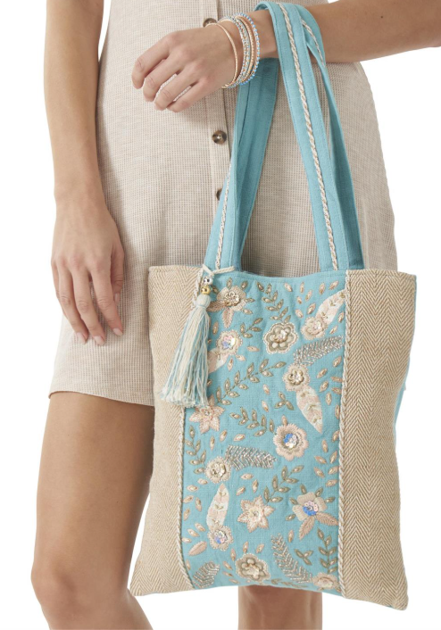 Floral Beaded Tote Bag