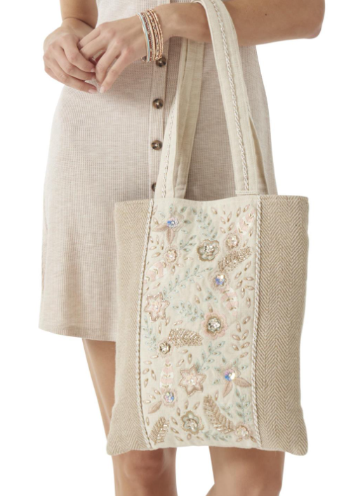 Floral Beaded Tote Bag