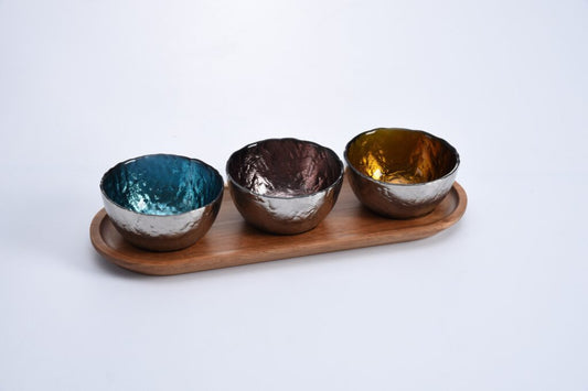 Set Of 3 Colored Glass Bowls & Tray