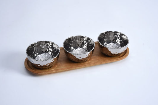 Millennium Silver Set of 3 Porcelain Bowls on Acacia Wood Tray