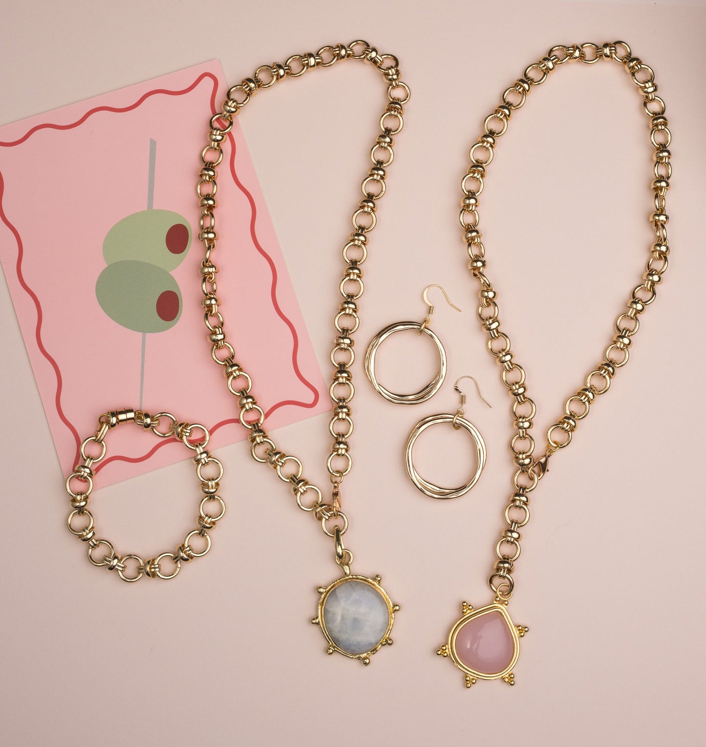 Rose Quartz Cabochon Necklace, Gold Chain