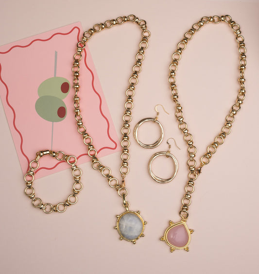 Rose Quartz Cabochon Necklace, Gold Chain