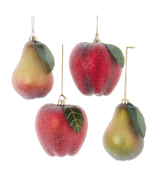Glass Frosted Pear & Apple Ornaments, set of 4