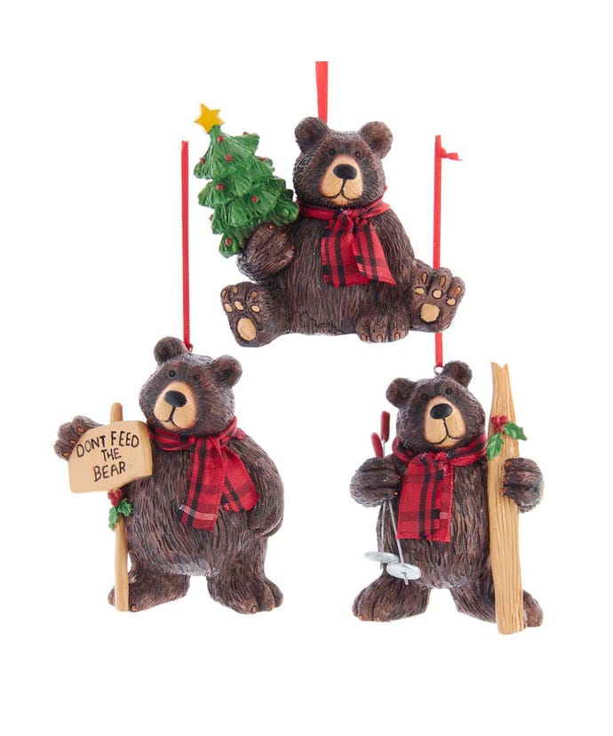 Lodge Brown Bear Ornaments, 3 Assorted