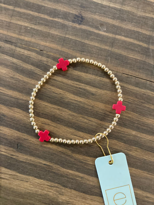 Signature Cross Gold Pattern 2MM Bead Bracelet - Red