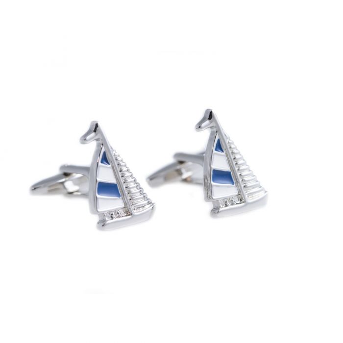 Rhodium Plated Blue & White Sail Boat Design Cufflinks