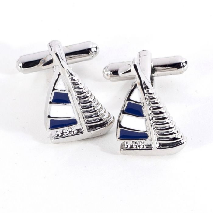 Rhodium Plated Blue & White Sail Boat Design Cufflinks