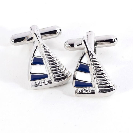 Rhodium Plated Blue & White Sail Boat Design Cufflinks