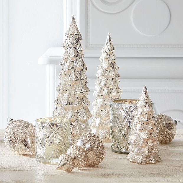 Set of 3 Glittered LED Silver Mercury Glass Trees