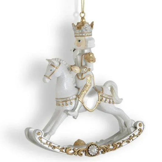White Gold & Silver Resin Nutcracker On Rocking Horse Ornament 6.25"