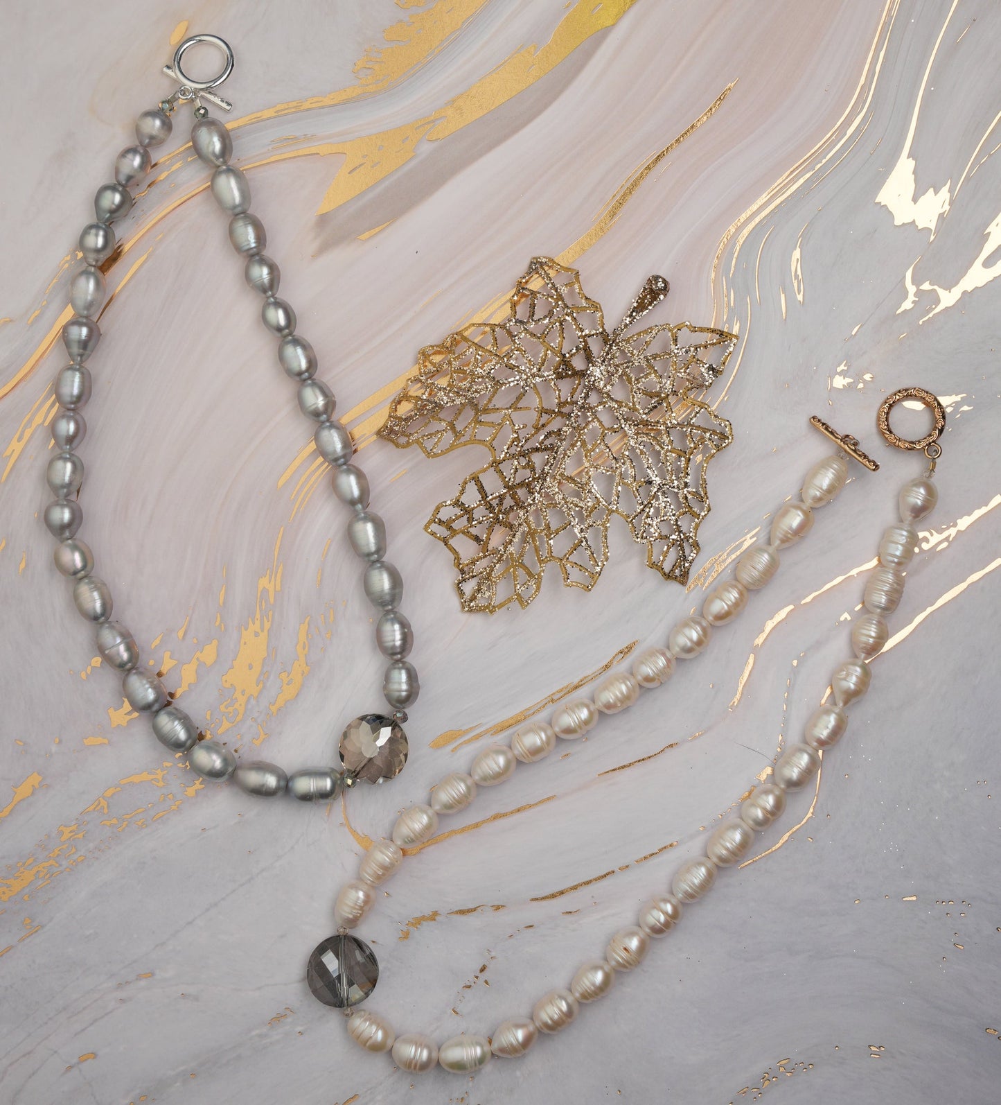 Silver Pearl, Platinum Crystal Necklace