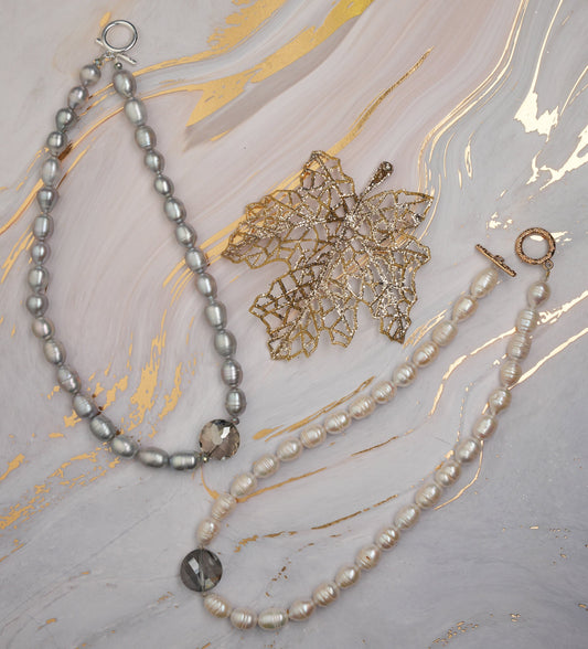 Silver Pearl, Platinum Crystal Necklace