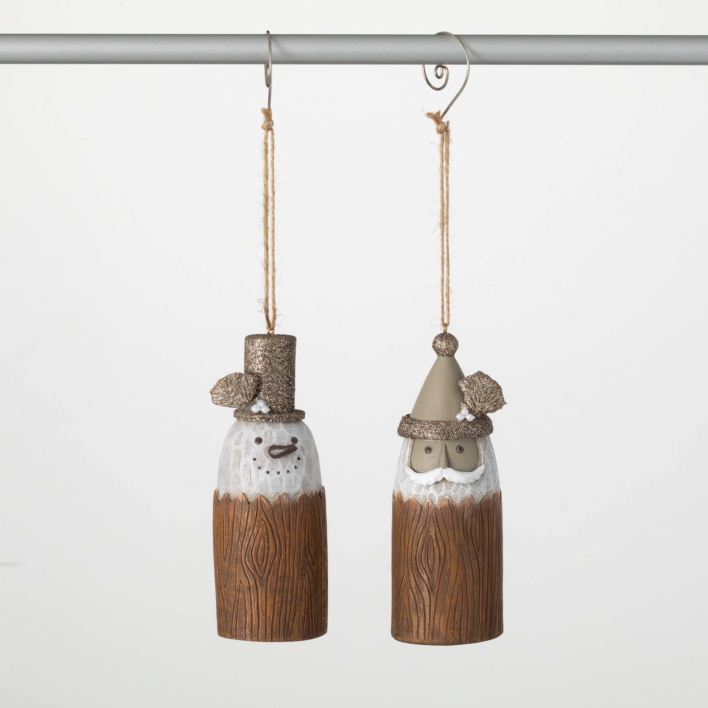 RUSTIC SANTA SNOWMAN ORNAMENTS Set of 2