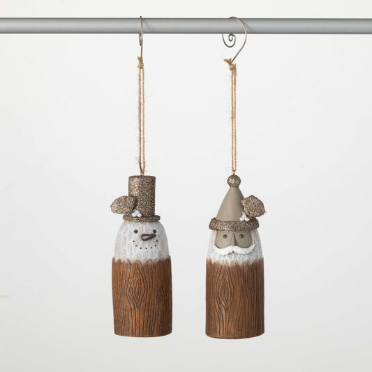 RUSTIC SANTA SNOWMAN ORNAMENTS Set of 2