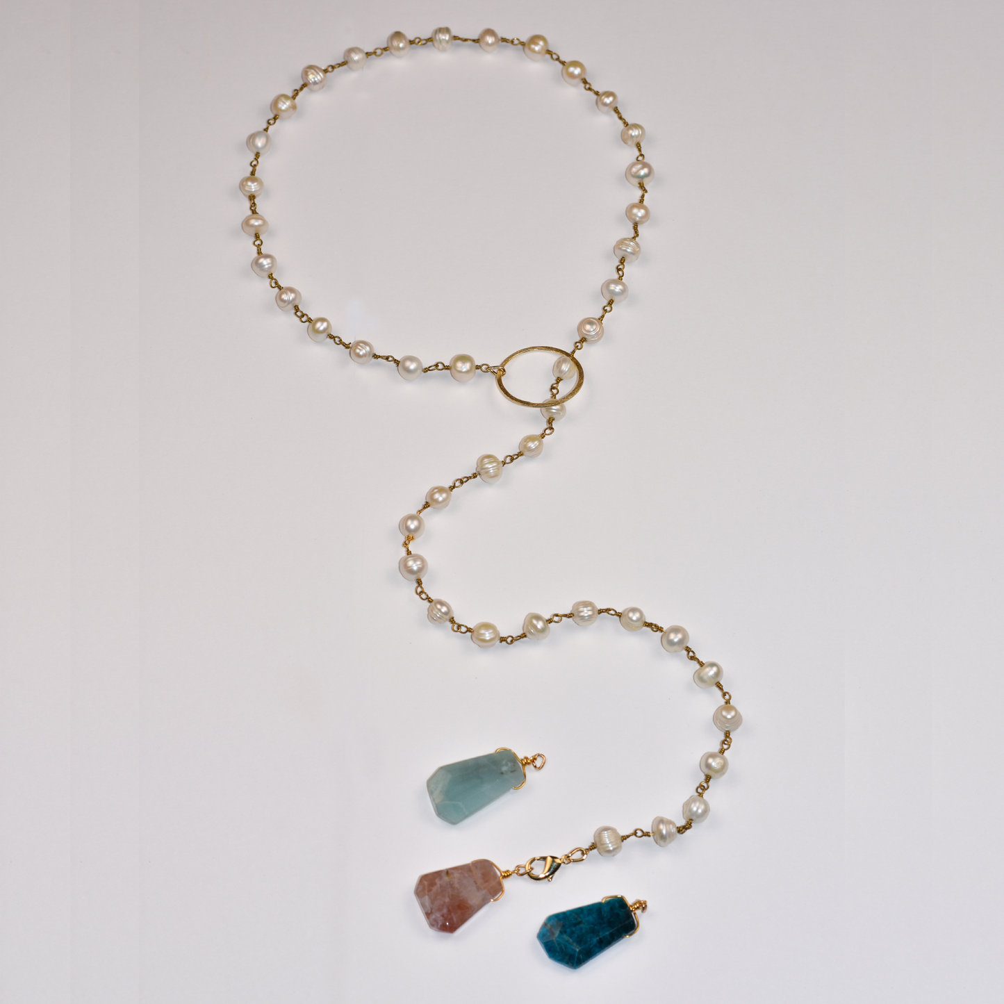 Pearl Lariat with 3 Pendants (apatite, amazonite & cherry) Necklace