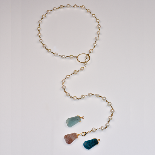 Pearl Lariat with 3 Pendants (apatite, amazonite & cherry) Necklace