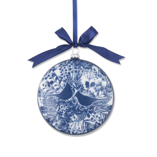5" Blue & White Floral Print w/Birds Flat Round Glass Ornament