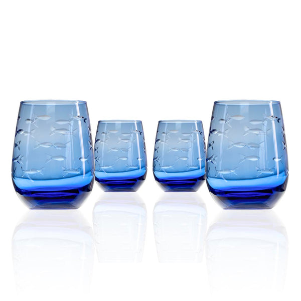 Set of 2 School of Fish 15oz Blue Stemless Wine Tumbler Glass